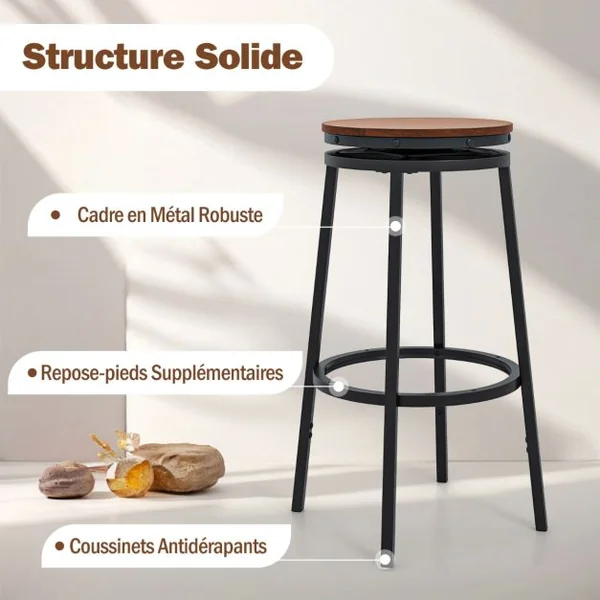 Set de 2 Tabourets de Bar Pivotants à 360° Tabourets Réglables en Hauteur 74/61 cm Tabourets de Mange-debout en Métal Marron Rustique