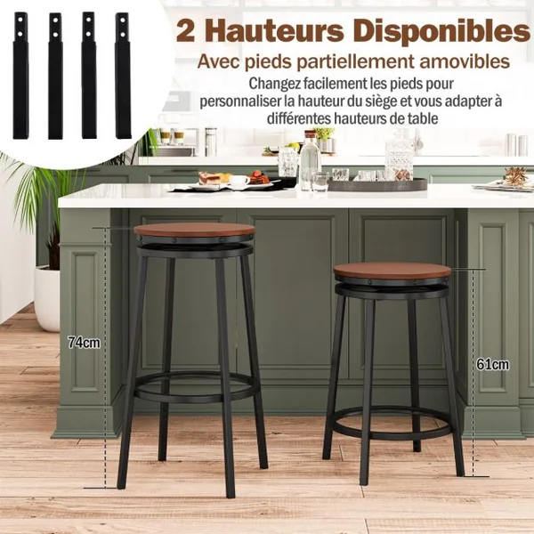 Set de 2 Tabourets de Bar Pivotants à 360° Tabourets Réglables en Hauteur 74/61 cm Tabourets de Mange-debout en Métal Marron Rustique