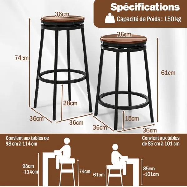 Set de 2 Tabourets de Bar Pivotants à 360° Tabourets Réglables en Hauteur 74/61 cm Tabourets de Mange-debout en Métal Marron Rustique