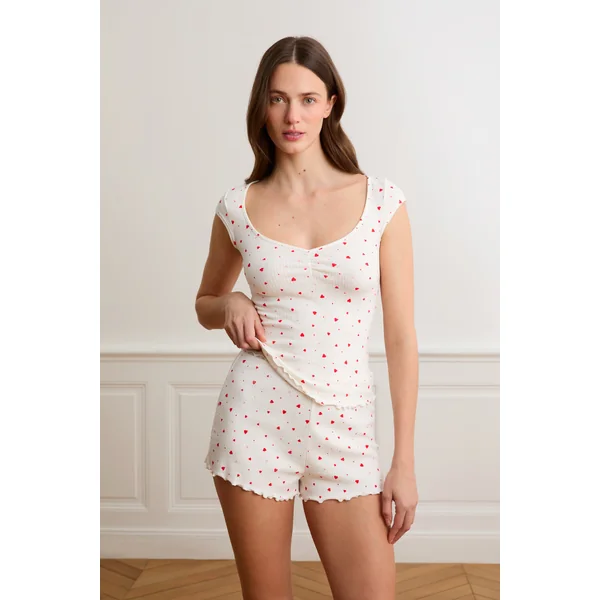 Short de pyjama en pointelle à motifs cœurs en coton