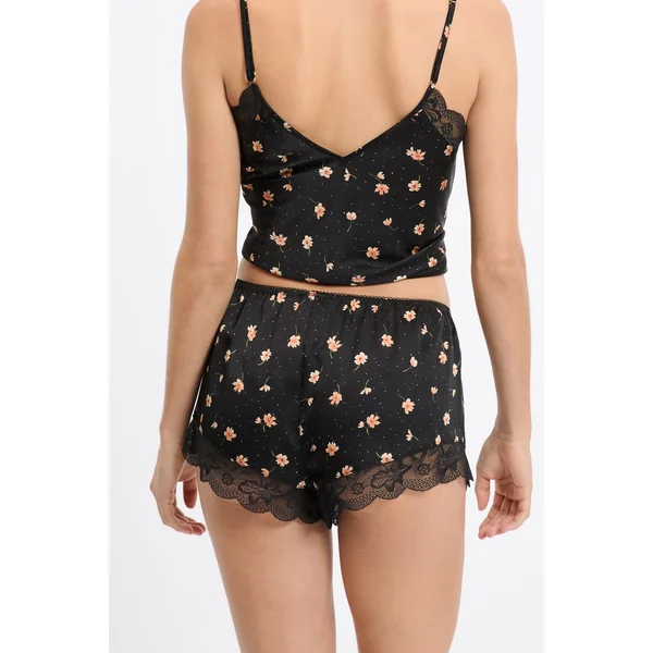 Short de pyjama satiné à motifs fleurs avec détails dentelle