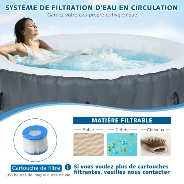 Spa Gonflable avec 108 Jets de Massage 180 x 68 CM Spa Rond Portable à 4 Personnes pour Intérieur/Extérieur Gris