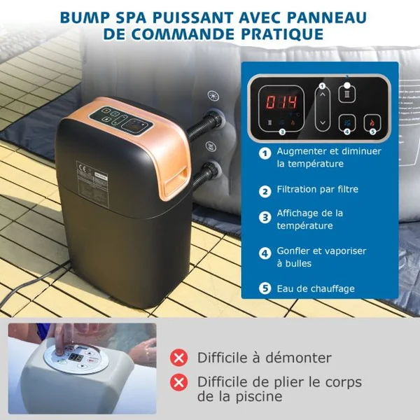 Spa Gonflable avec 108 Jets de Massage 180 x 68 CM Spa Rond Portable à 4 Personnes pour Intérieur/Extérieur Gris