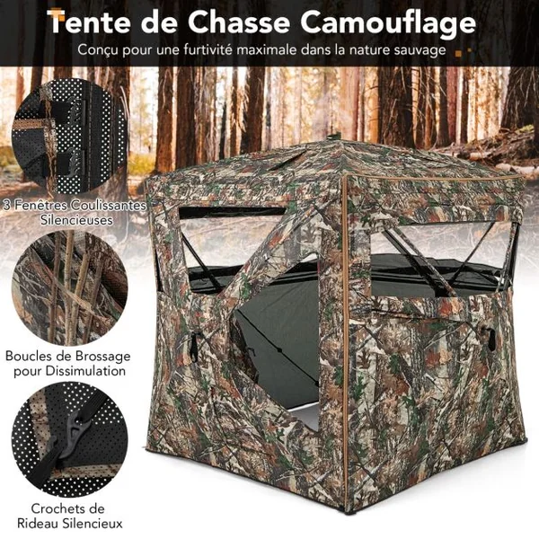 Store de Chasse Amovible 5 en 1 pour 2 à 3 Personnes Tente de Chasse Pop-Up Vue à 360° avec Puits de Lumière 148x148x164cm Camouflage