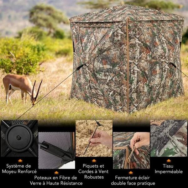 Store de Chasse Amovible 5 en 1 pour 2 à 3 Personnes Tente de Chasse Pop-Up Vue à 360° avec Puits de Lumière 148x148x164cm Camouflage