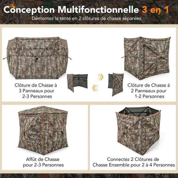 Store de Chasse Amovible 5 en 1 pour 2 à 3 Personnes Tente de Chasse Pop-Up Vue à 360° avec Puits de Lumière 148x148x164cm Camouflage