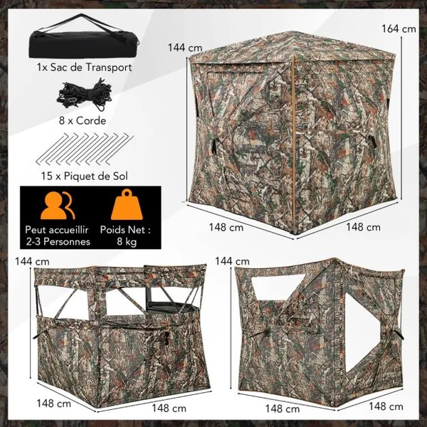 Store de Chasse Amovible 5 en 1 pour 2 à 3 Personnes Tente de Chasse Pop-Up Vue à 360° avec Puits de Lumière 148x148x164cm Camouflage