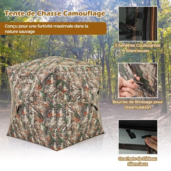 Store de Chasse Portable pour 2 à 3 Personnes Tente de Chasse Pop-Up Vue Dégagée à 360° avec Sac de Transport 148x148x170cm Camouflage
