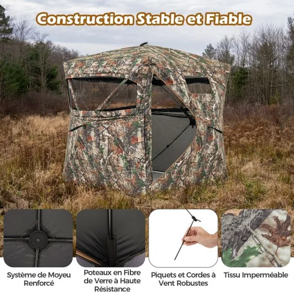 Store de Chasse Portable pour 2 à 3 Personnes Tente de Chasse Pop-Up Vue Dégagée à 360° avec Sac de Transport 148x148x170cm Camouflage