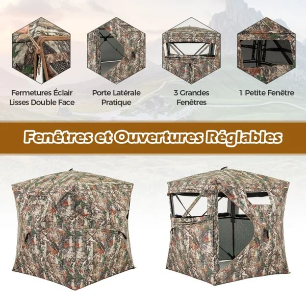 Store de Chasse Portable pour 2 à 3 Personnes Tente de Chasse Pop-Up Vue Dégagée à 360° avec Sac de Transport 148x148x170cm Camouflage