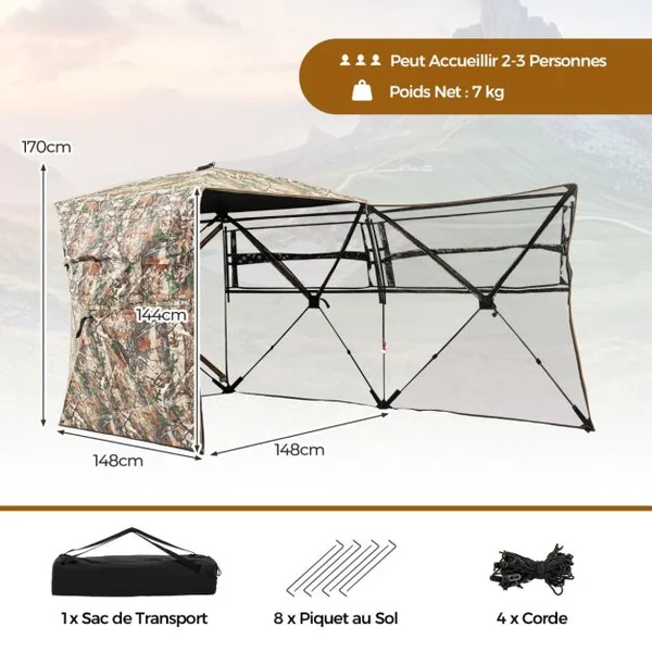 Store de Chasse Portable pour 2 à 3 Personnes Tente de Chasse Pop-Up Vue Dégagée à 360° avec Sac de Transport 148x148x170cm Camouflage