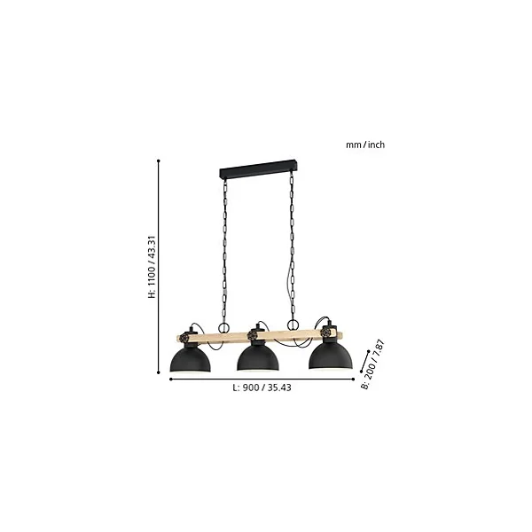 Suspension Lubenham 3 lumières E27 IP20 28W L.90xl.20xH.108,5cm noir Eglo