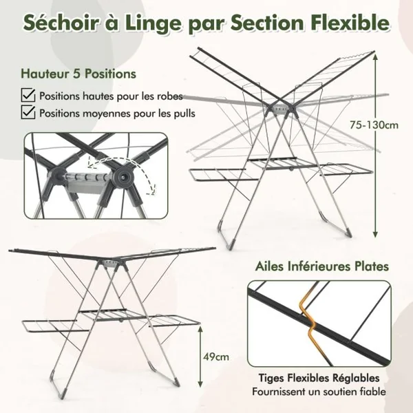 Séchoir à Linge Pliable à 2 Niveaux avec 33 Rails de Séchage Ailes Réglables en Hauteur Pinces à Chaussettes Barres en Forme de Vague