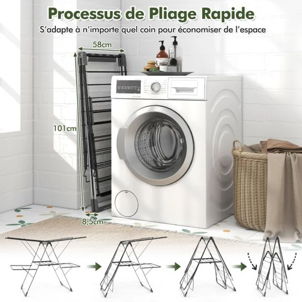 Séchoir à Linge Pliable à 2 Niveaux avec 33 Rails de Séchage Ailes Réglables en Hauteur Pinces à Chaussettes Barres en Forme de Vague