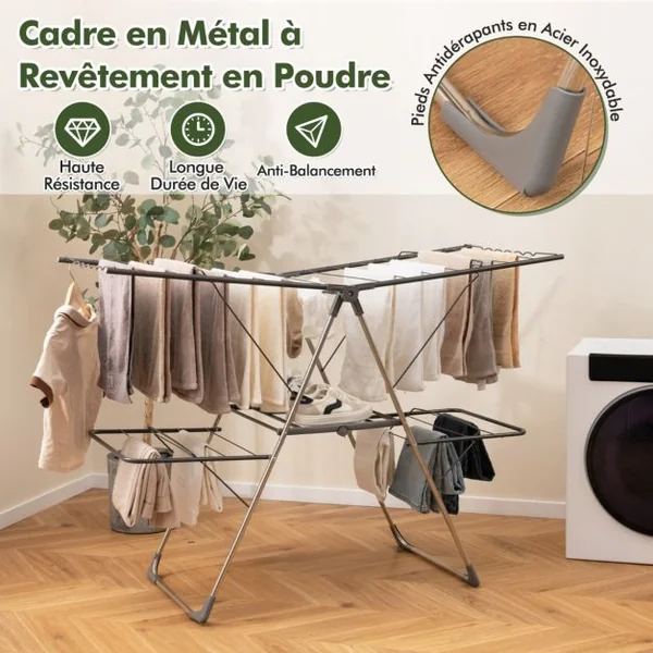 Séchoir à Linge Pliable à 2 Niveaux avec 33 Rails de Séchage Ailes Réglables en Hauteur Pinces à Chaussettes Barres en Forme de Vague