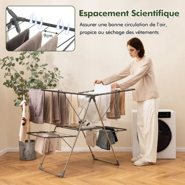 Séchoir à Linge Pliable à 2 Niveaux avec 33 Rails de Séchage Ailes Réglables en Hauteur Pinces à Chaussettes Barres en Forme de Vague