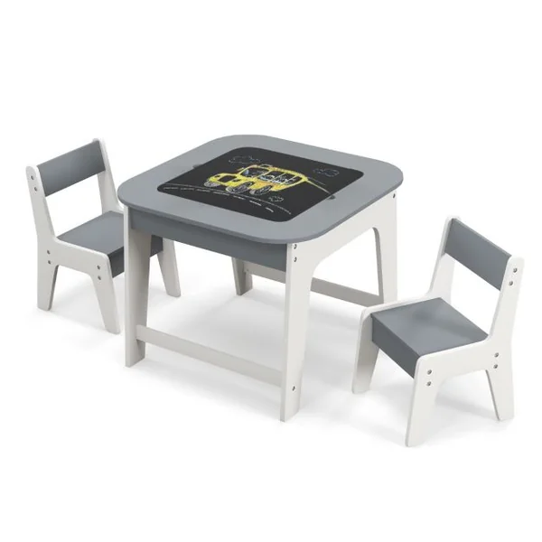 Table avec 2 Chaises Enfants 3-6 Ans - Plateau 2 Face : Noir et Blanc Dessin Effaçable Espace de Rangement Caché Naturel et Blanc/Gris et Blanc/Naturel