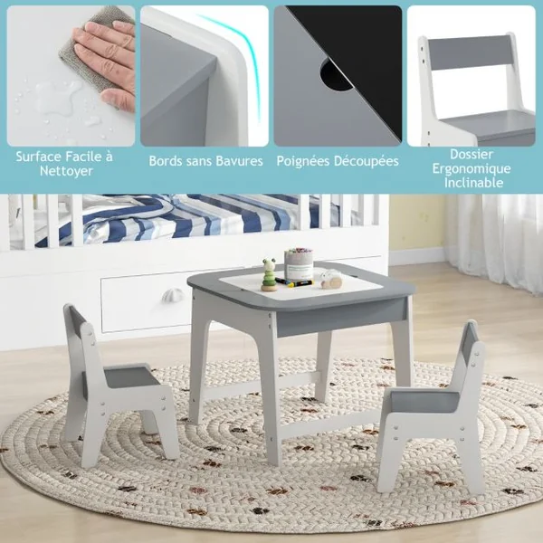 Table avec 2 Chaises Enfants 3-6 Ans - Plateau 2 Face : Noir et Blanc Dessin Effaçable Espace de Rangement Caché Naturel et Blanc/Gris et Blanc/Naturel