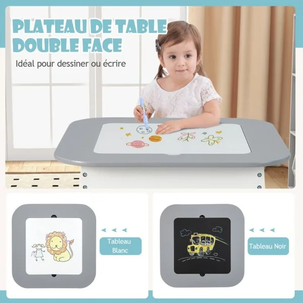 Table avec 2 Chaises Enfants 3-6 Ans - Plateau 2 Face : Noir et Blanc Dessin Effaçable Espace de Rangement Caché Naturel et Blanc/Gris et Blanc/Naturel