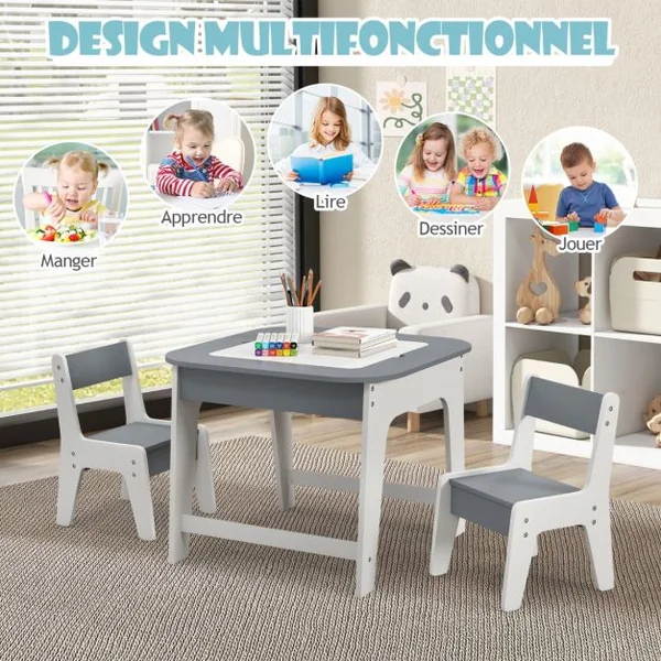 Table avec 2 Chaises Enfants 3-6 Ans - Plateau 2 Face : Noir et Blanc Dessin Effaçable Espace de Rangement Caché Naturel et Blanc/Gris et Blanc/Naturel