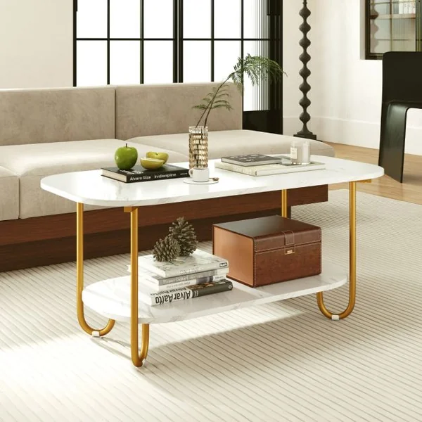 Table Basse avec Plateau en Faux Marbre Table à Thé 2 Niveaux avec Étagère de Rangement et Cadre Métallique Robuste Blanc