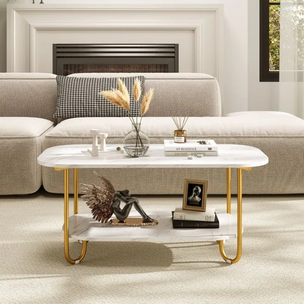 Table Basse avec Plateau en Faux Marbre Table à Thé 2 Niveaux avec Étagère de Rangement et Cadre Métallique Robuste Blanc