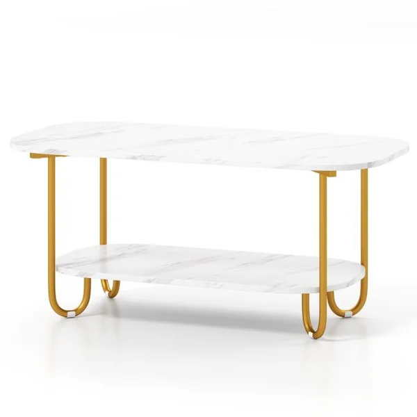 Table Basse avec Plateau en Faux Marbre Table à Thé 2 Niveaux avec Étagère de Rangement et Cadre Métallique Robuste Blanc