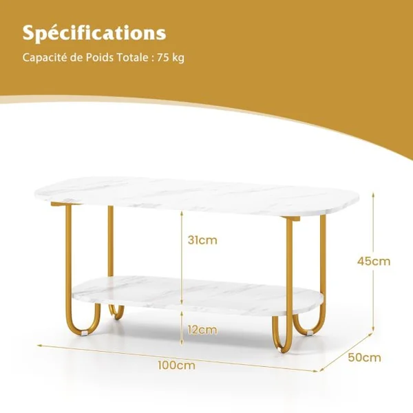 Table Basse avec Plateau en Faux Marbre Table à Thé 2 Niveaux avec Étagère de Rangement et Cadre Métallique Robuste Blanc