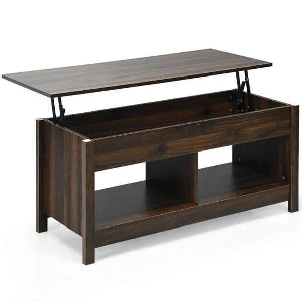 Table Basse avec Plateau Relevable avec Espace de Rangement Caché et Etagère Inférieur 109 x 47,5 x 50-63 cm Noir/Café/Chêne/Blanc