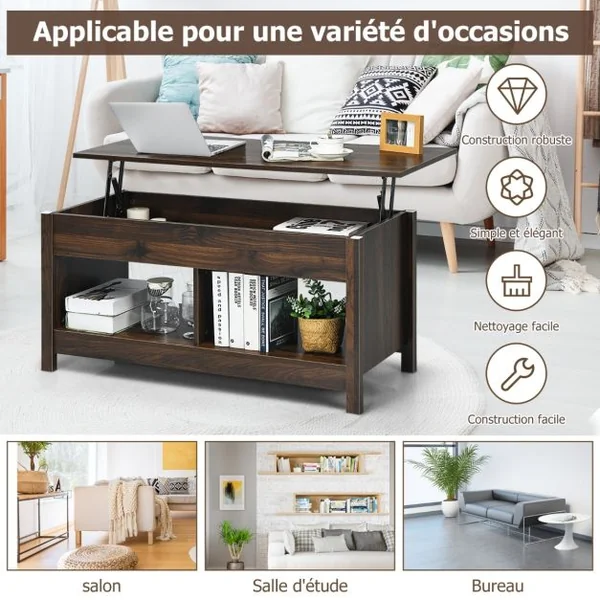Table Basse avec Plateau Relevable avec Espace de Rangement Caché et Etagère Inférieur 109 x 47,5 x 50-63 cm Noir/Café/Chêne/Blanc