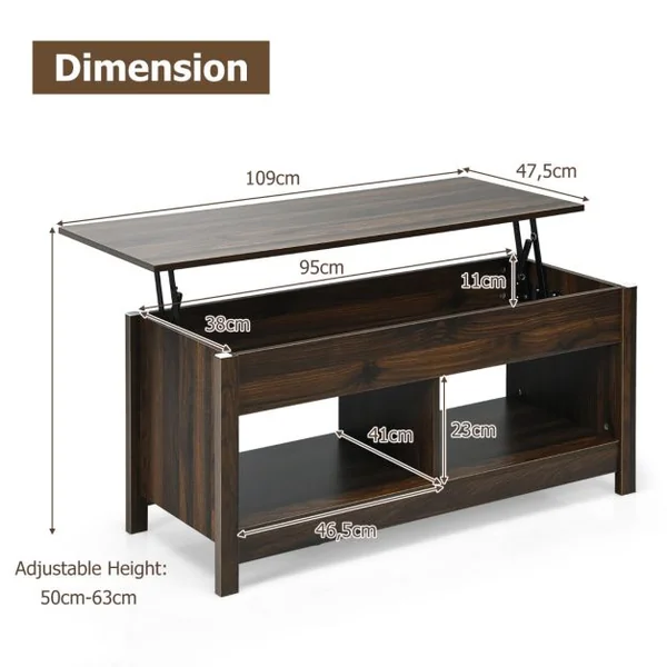Table Basse avec Plateau Relevable avec Espace de Rangement Caché et Etagère Inférieur 109 x 47,5 x 50-63 cm Noir/Café/Chêne/Blanc
