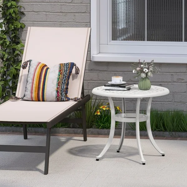 Table Basse de Jardin en Fonte d'Aluminium Repose-pieds Réglables Charge 50KG Table d‘Extérieure Ronde Patio Piscine Café/Blanc