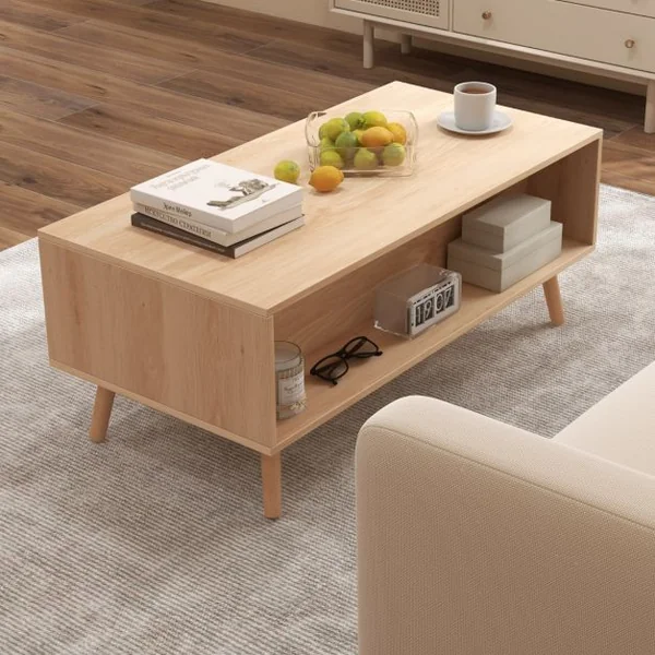 Table Basse en Rotin Moderne avec 2 Tiroirs de Rangement et Compartiment Arrière Table d'Appoint Rectangulaire Naturel