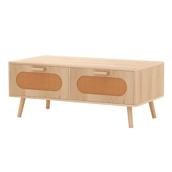 Table Basse en Rotin Moderne avec 2 Tiroirs de Rangement et Compartiment Arrière Table d'Appoint Rectangulaire Naturel