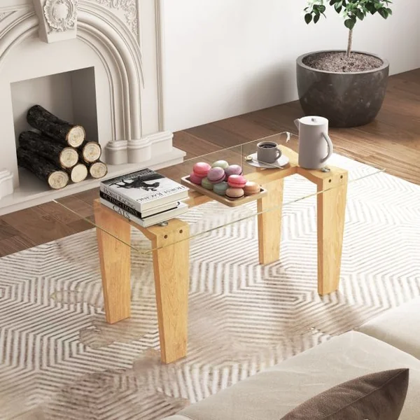 Table Basse en Verre Trempé Table Centrale Rectangulaire Moderne de 100 cm avec Pieds en Bois d'Hévéa Massif Naturel