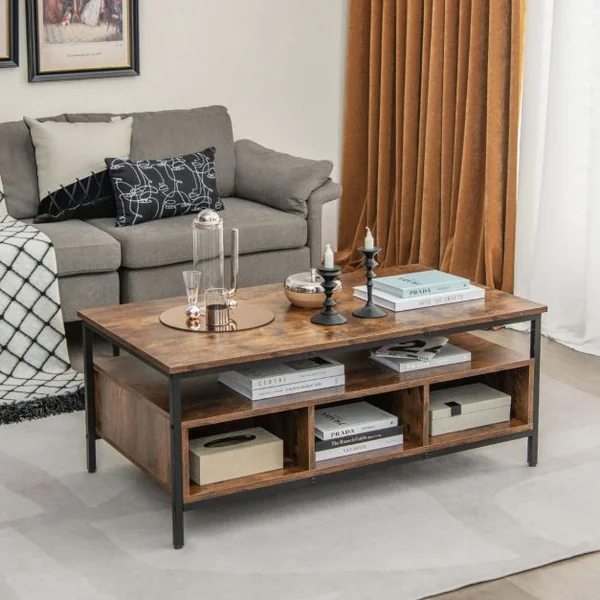 Table Basse Rectangulaire à 3 Niveaux Table de Cocktail de Style Industriel avec Cadre Métallique Résistant Table de Thé Marron Rustique