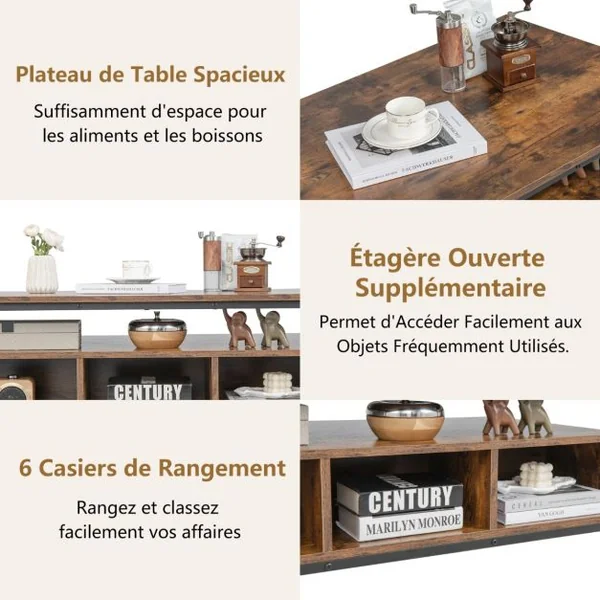 Table Basse Rectangulaire à 3 Niveaux Table de Cocktail de Style Industriel avec Cadre Métallique Résistant Table de Thé Marron Rustique