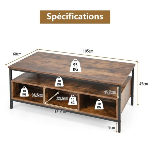 Table Basse Rectangulaire à 3 Niveaux Table de Cocktail de Style Industriel avec Cadre Métallique Résistant Table de Thé Marron Rustique