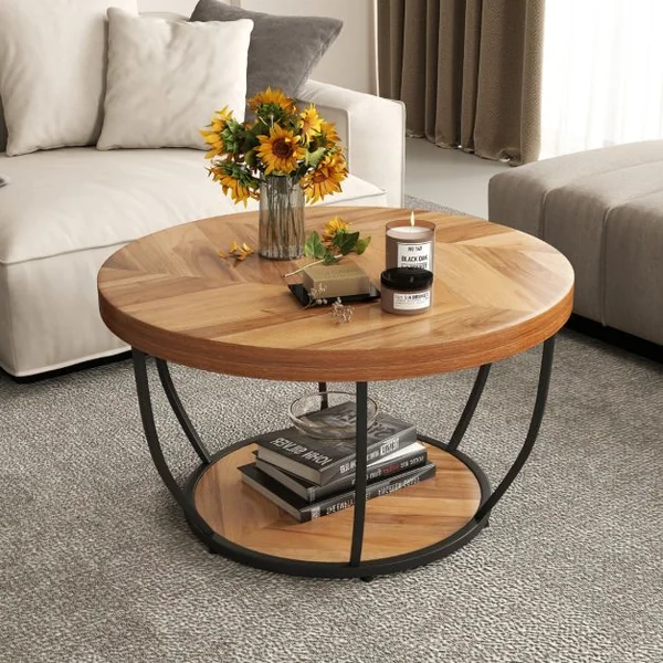 Table Basse Ronde de 80 cm a 2 Niveaux Table de Cocktail avec Cadre en Métal Robuste Table d'Appoint avec Plateau en Faux Bois Naturel/Café/Blanc