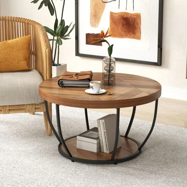 Table Basse Ronde de 80 cm a 2 Niveaux Table de Cocktail avec Cadre en Métal Robuste Table d'Appoint avec Plateau en Faux Bois Naturel/Café/Blanc