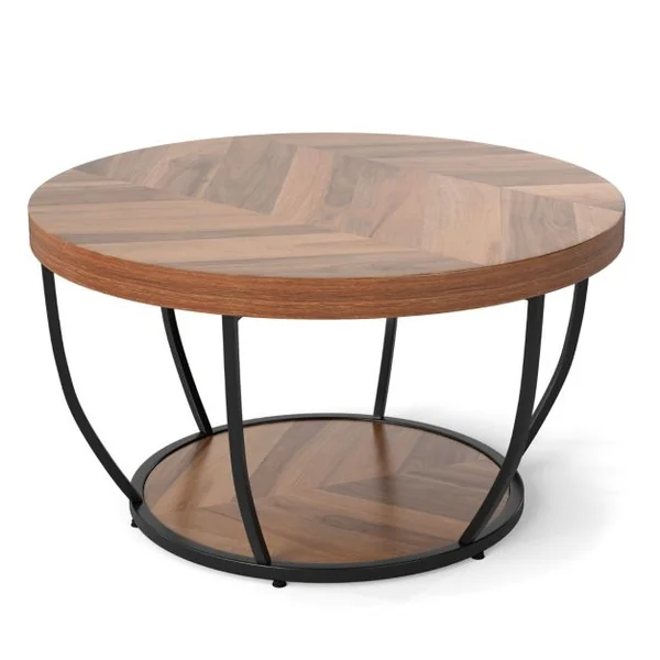 Table Basse Ronde de 80 cm a 2 Niveaux Table de Cocktail avec Cadre en Métal Robuste Table d'Appoint avec Plateau en Faux Bois Naturel/Café/Blanc