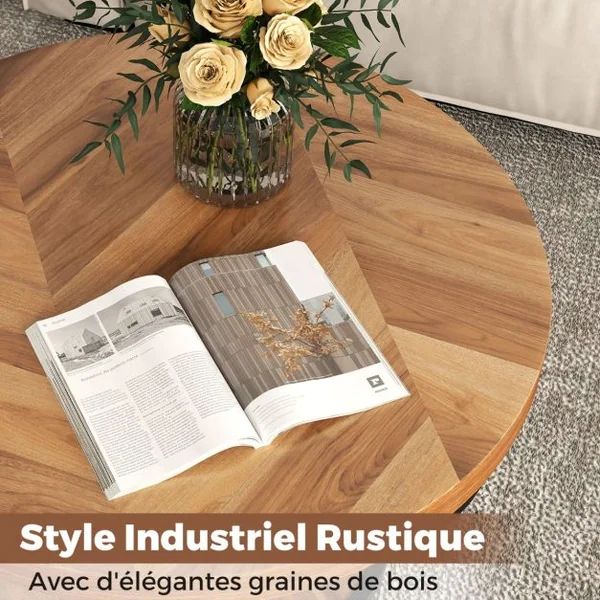 Table Basse Ronde de 80 cm a 2 Niveaux Table de Cocktail avec Cadre en Métal Robuste Table d'Appoint avec Plateau en Faux Bois Naturel/Café/Blanc