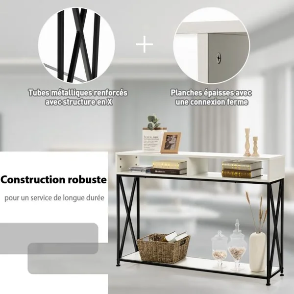Table Console de Style Industriel 120 x 23 x 79 CM Structure en Acier Meuble d'Entrée Anti-Basculement Blanc/Marron/Noir