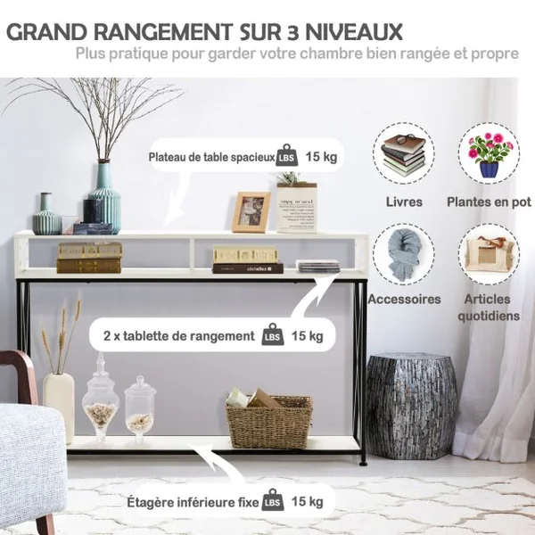 Table Console de Style Industriel 120 x 23 x 79 CM Structure en Acier Meuble d'Entrée Anti-Basculement Blanc/Marron/Noir