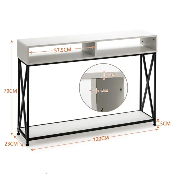 Table Console de Style Industriel 120 x 23 x 79 CM Structure en Acier Meuble d'Entrée Anti-Basculement Blanc/Marron/Noir