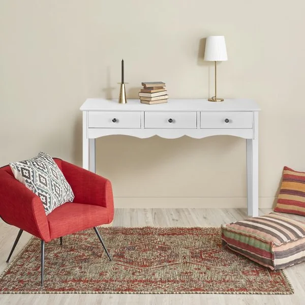 Table Console D'entrée Vintage avec 3 Tiroirs Capacité Plateau 50 Kg et Tiroir 5 Kg en Mdf 100x32x75cm Blanc