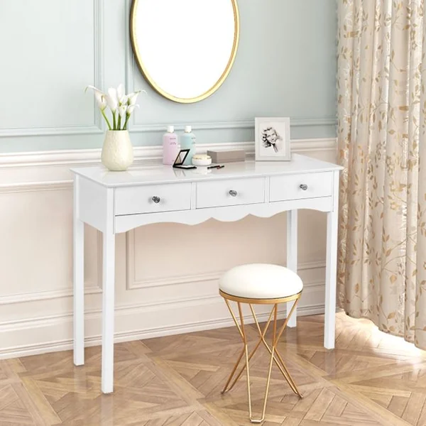Table Console D'entrée Vintage avec 3 Tiroirs Capacité Plateau 50 Kg et Tiroir 5 Kg en Mdf 100x32x75cm Blanc