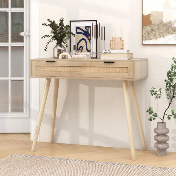 Table Console en Rotin avec Tiroir Coulissant table d’Entrée de Style Bohème Table d’Appoint de Canapé en Bois Table de Coiffeuse Naturel