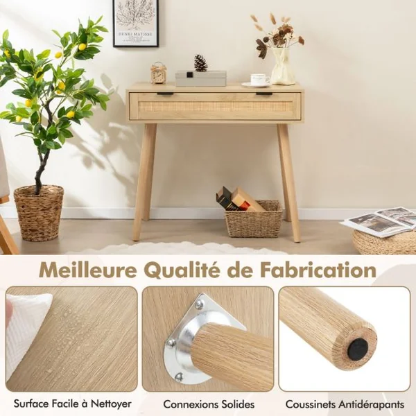 Table Console en Rotin avec Tiroir Coulissant table d’Entrée de Style Bohème Table d’Appoint de Canapé en Bois Table de Coiffeuse Naturel