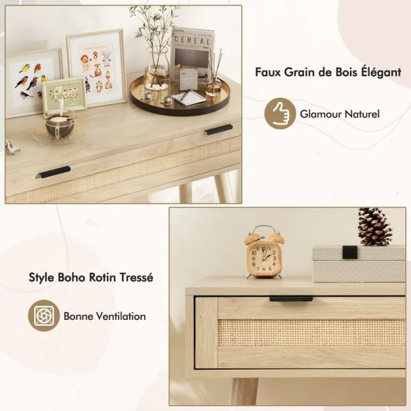 Table Console en Rotin avec Tiroir Coulissant table d’Entrée de Style Bohème Table d’Appoint de Canapé en Bois Table de Coiffeuse Naturel